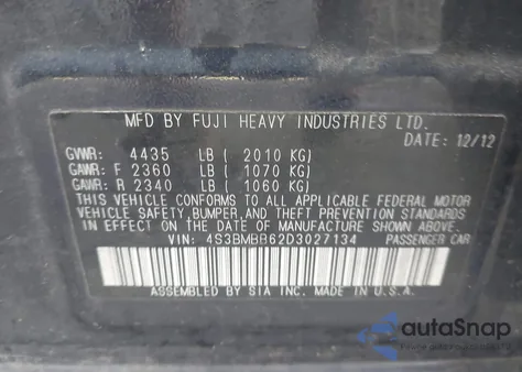 2013 Subaru Legacy 2.5I Premium из США, поврежденный, VIN 4S3BMBB62D3027134